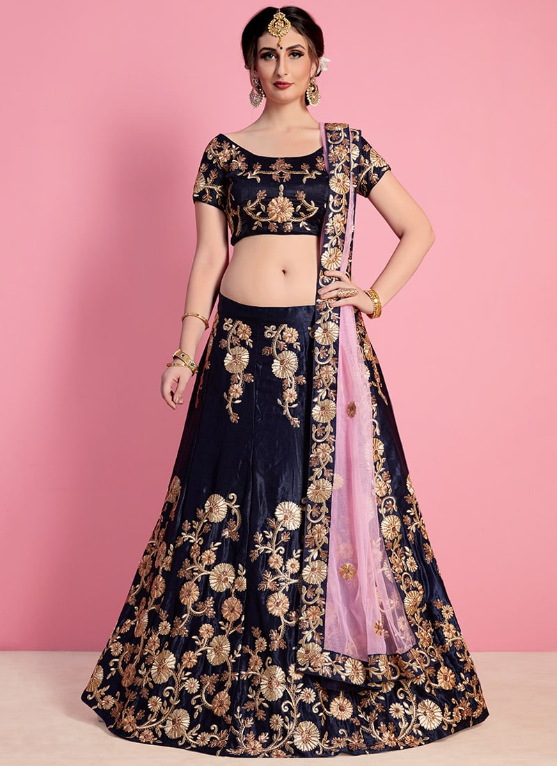 Zari Embroidered Velvet Umbrella Lehenga Wedding Wear