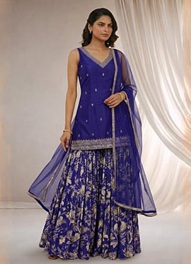 Zari Mirror Work Silk Sharara Suit In Blue