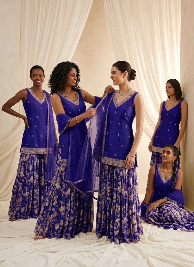 Zari Mirror Work Silk Sharara Suit In Blue After Six Wear
