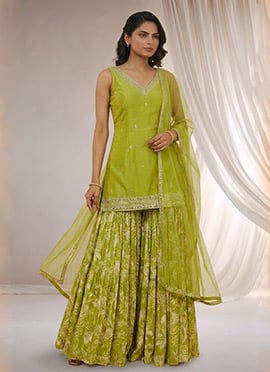 Zari Mirror Work Silk Sharara Suit In Green