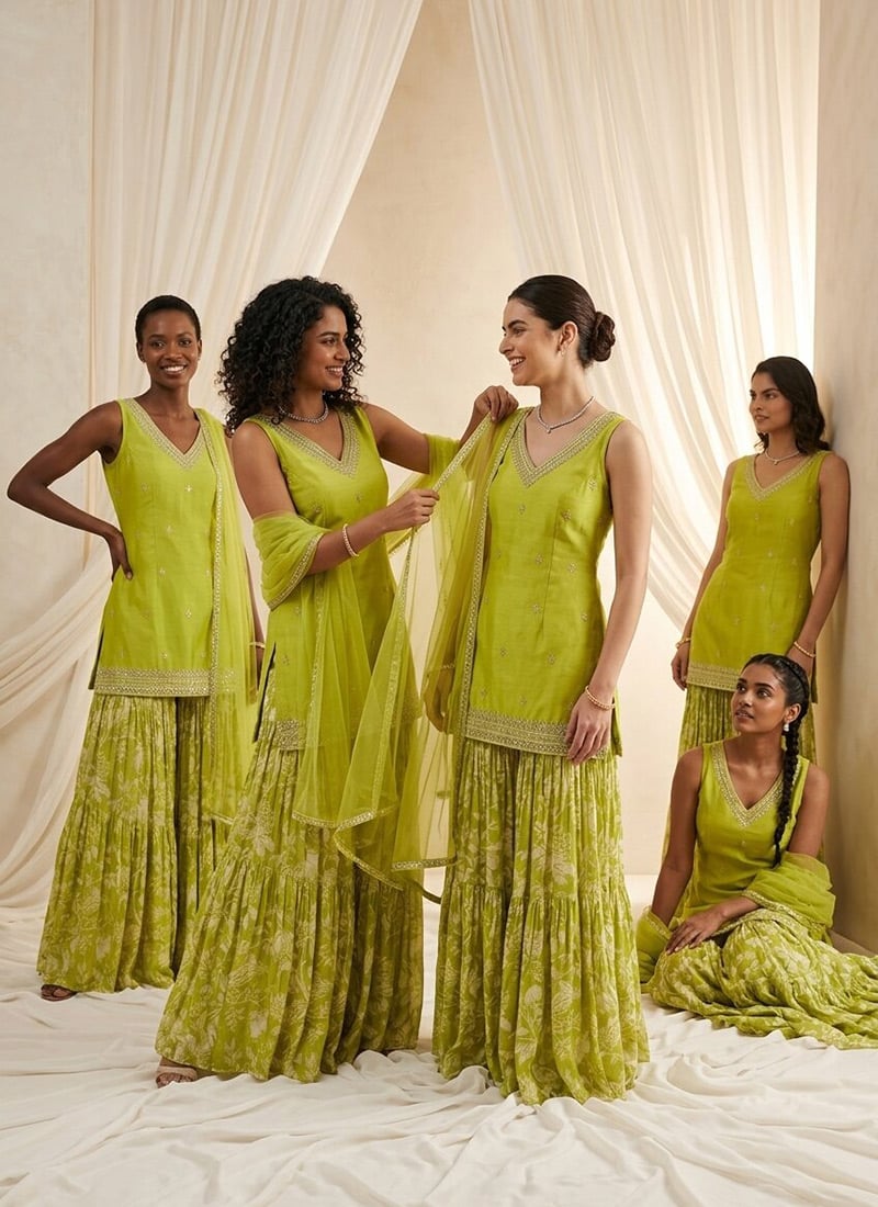Zari Mirror Work Silk Sharara Suit In Green After Six Wear