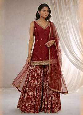 Zari Mirror Work Silk Sharara Suit In Maroon