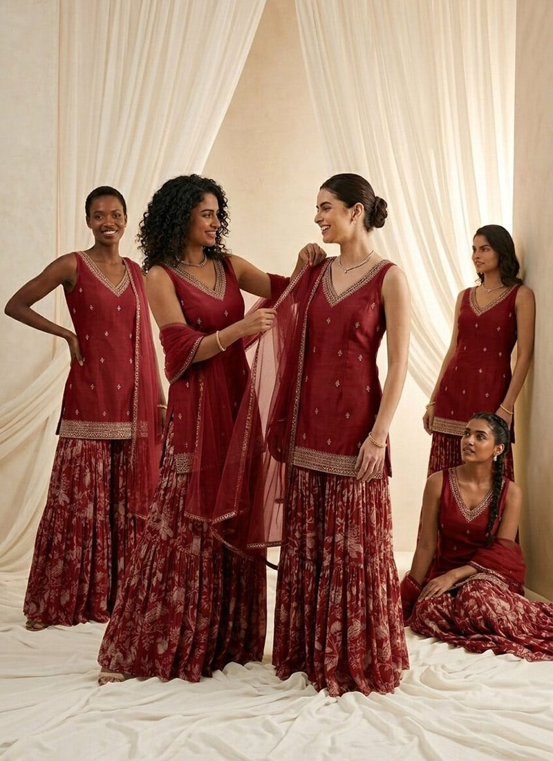 Zari Mirror Work Silk Sharara Suit In Maroon After Six Wear