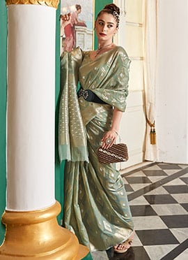 Zari Work Sea Green Color Cotton Modal Silk Saree