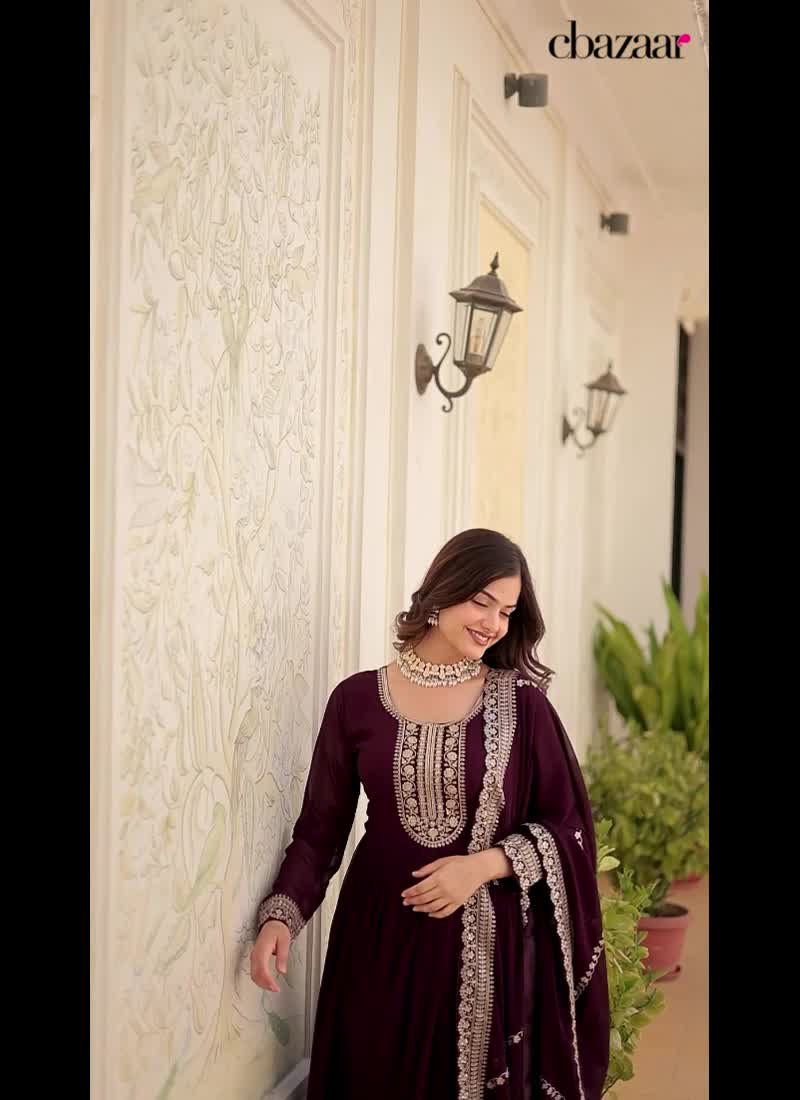 Anarkali Gown In Full Sleeve Wine Georgette Sequins Cord Work With Dupatta Party Wear