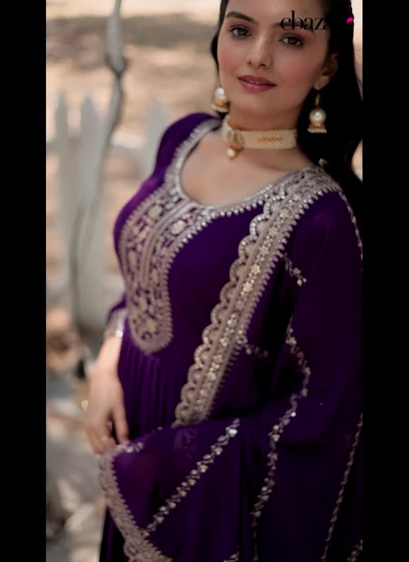 Anarkali Gown In Purple Georgette Sequins And Dupatta For Classy Women Party Wear