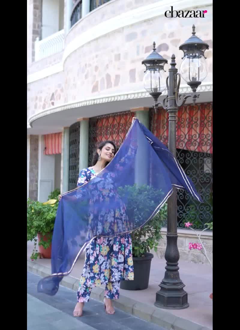 Anarkali Suit In Blue Cotton Floral Digital Print With Dupatta For Stylish After Six Wear