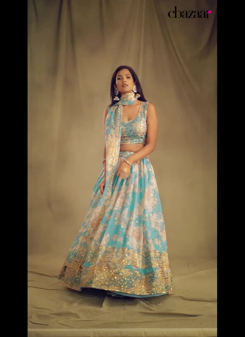 Arctic Blue Organza Floral Digital Print Umbrella Lehenga Party Wear