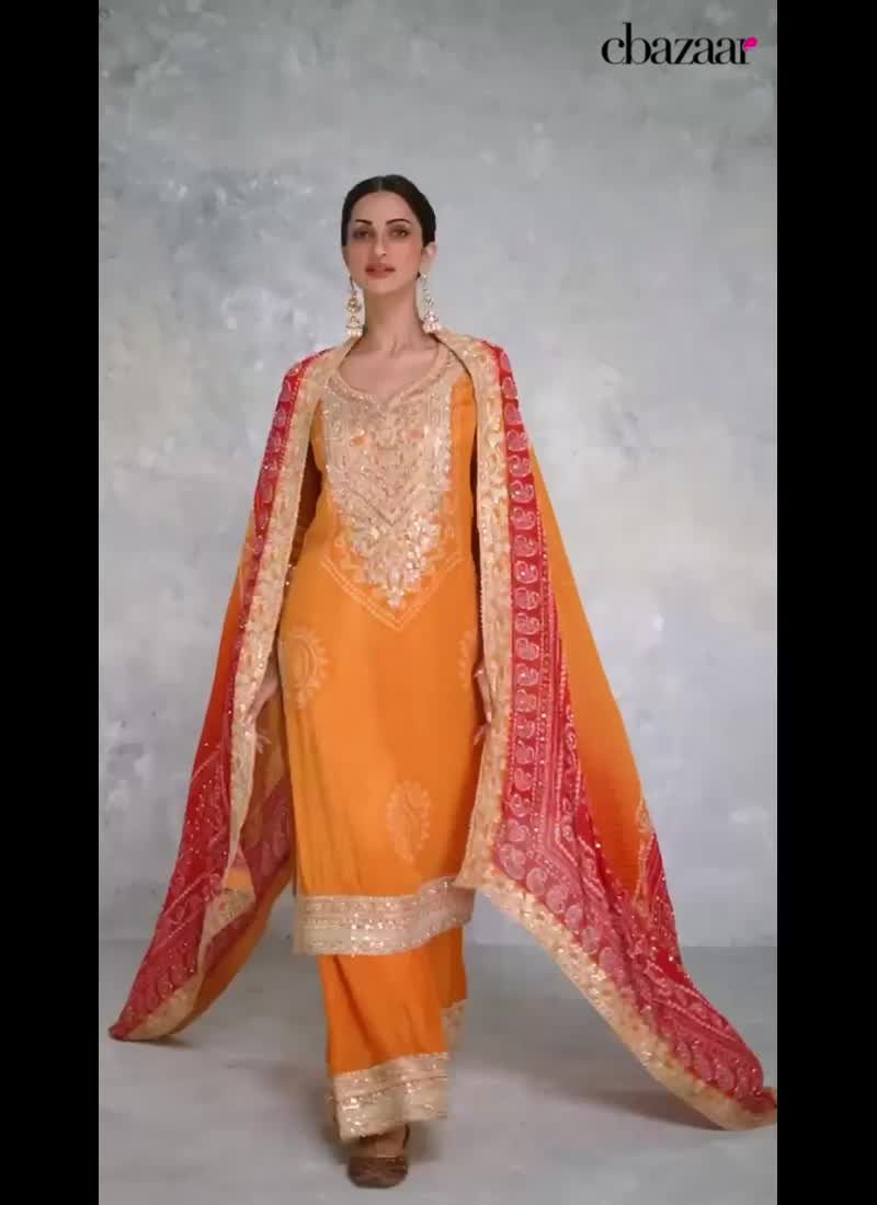 Bandhini Print Gota Mirror Work Mustard Chinon Palazzo Suit For Indian Wear Party Wear