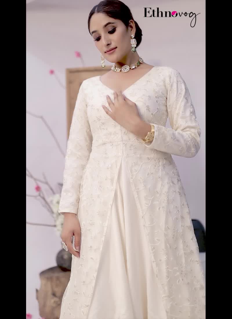 Beige Net Embroidered Satin Gown Festive Wear