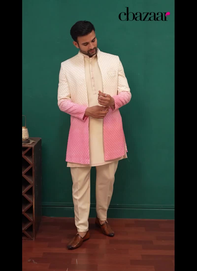 Beige Silk Embroidered Sequins Indowestern Sherwani Wedding Wear