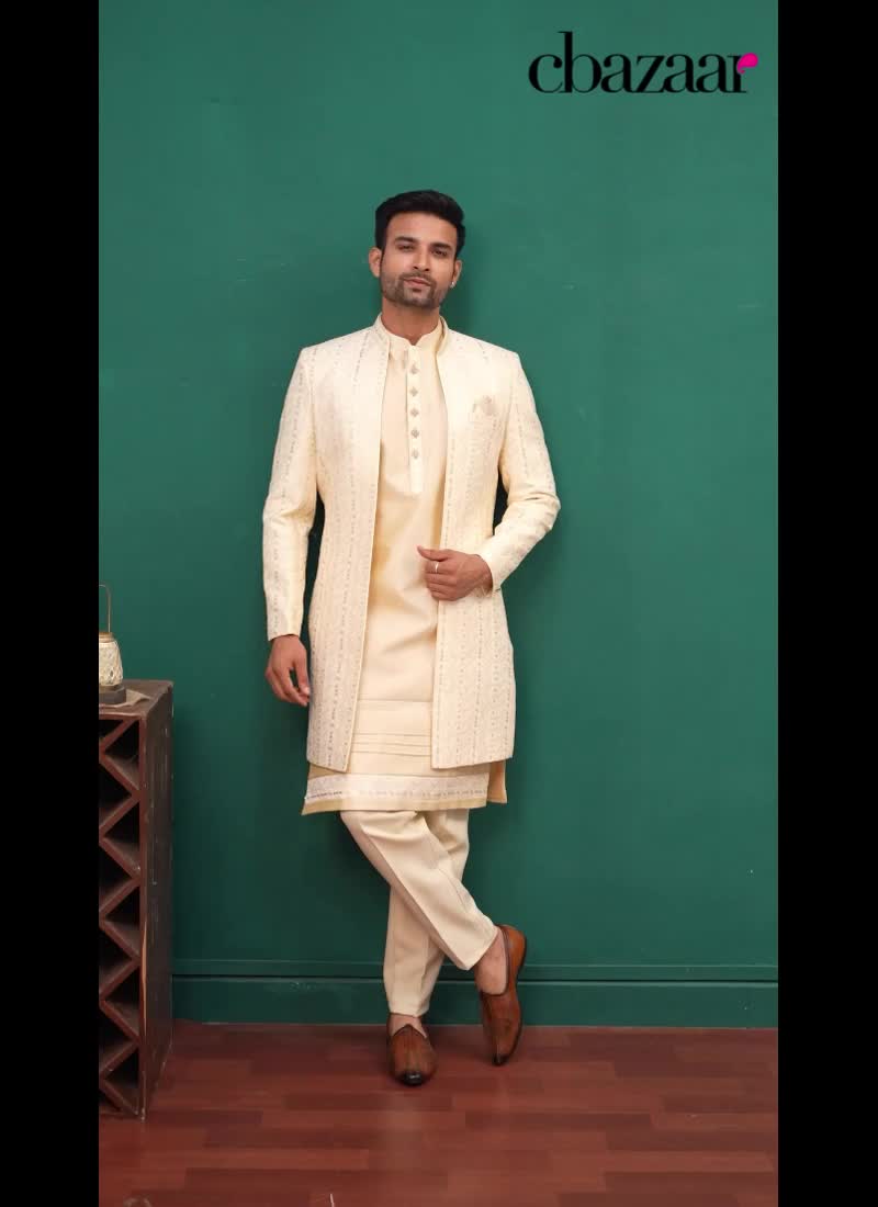 Beige Silk Embroidered Sequins Indowestern Sherwani Wedding Wear