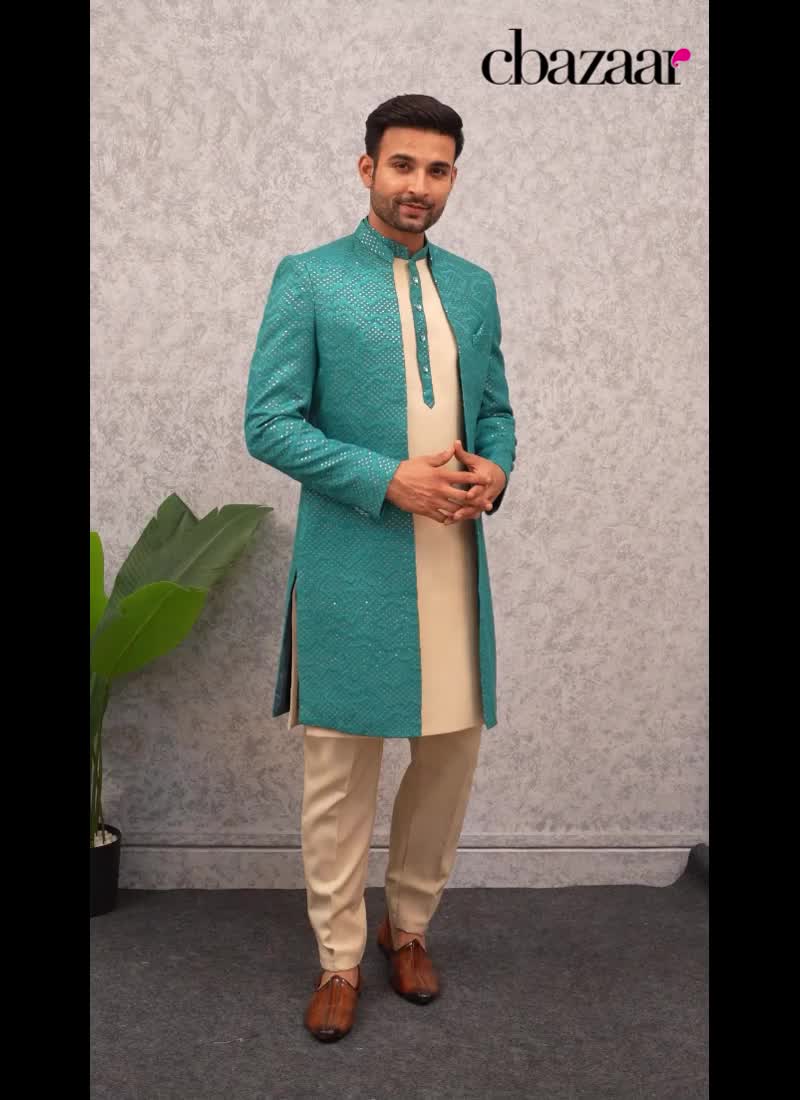 Beige Silk Embroidered Sequins Indowestern Sherwani Wedding Wear