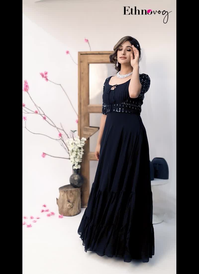 Black Embroidered Georgette Jacket Style Gown Festive Wear