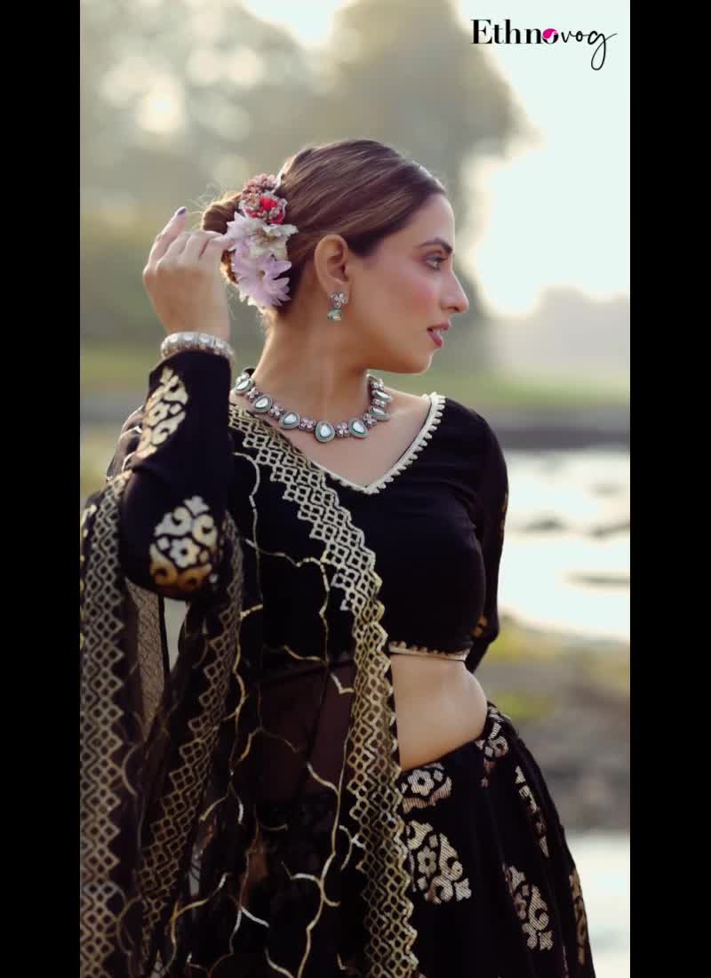 Black Embroidered Lehenga With Organza Dupatta Wedding Wear