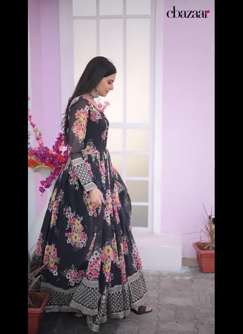 Black Faux Georgette Digital Print Sequins Anarkali Gown After Six Wear