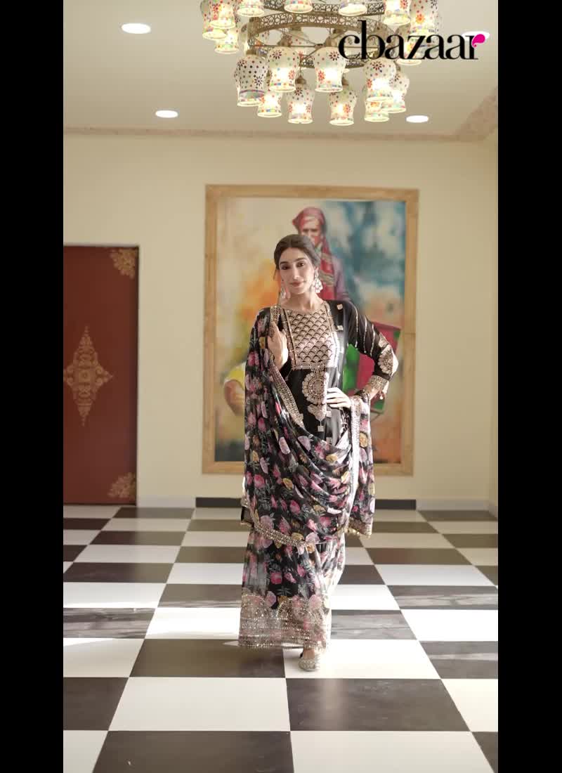 Black Faux Georgette Digital Print Zari Embroidered Sequins Sharara Suit Festive Wear
