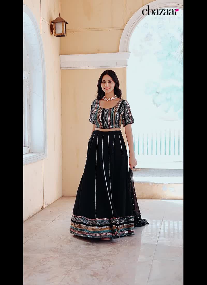 Black Faux Georgette Embroidered Sequins Classic Lehenga Wedding Wear