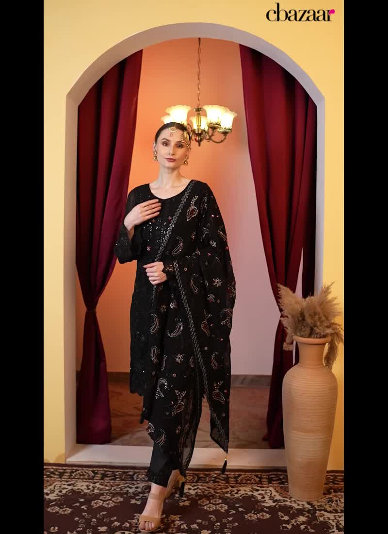 Black Faux Georgette Hand Work Bead Pakistani Suit Party Wear