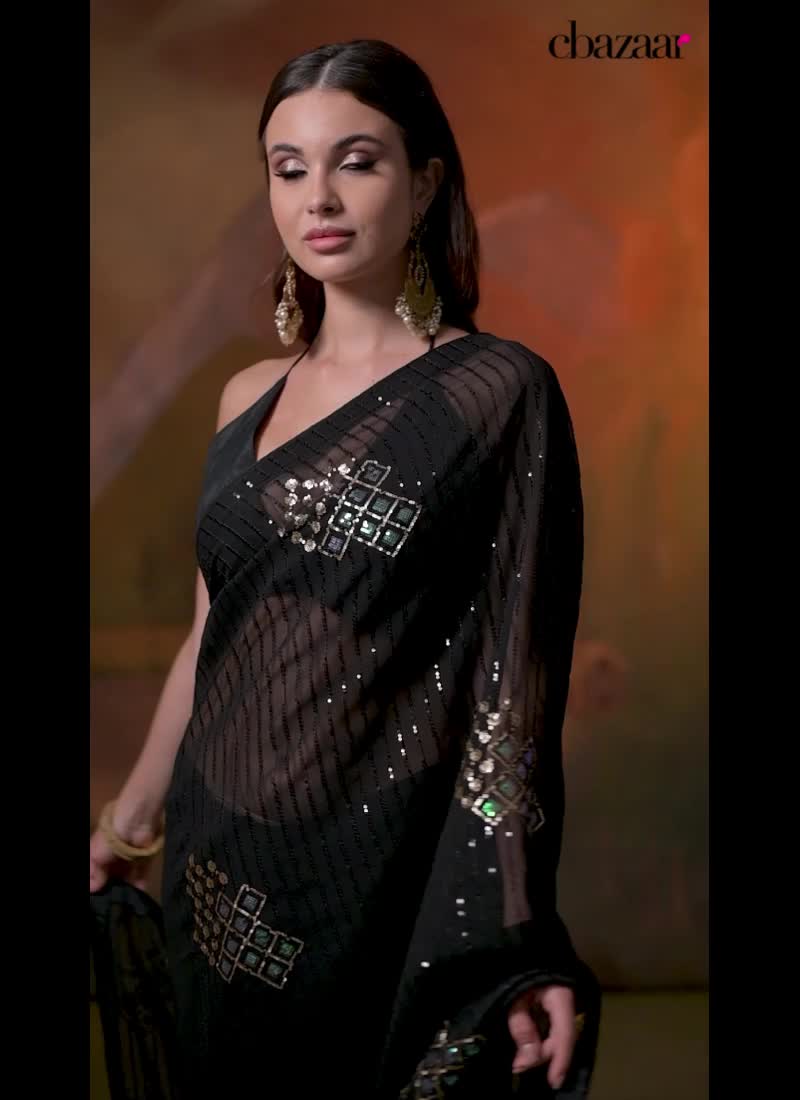 Black Faux Georgette Saree Embossed With Sequins After Six Wear