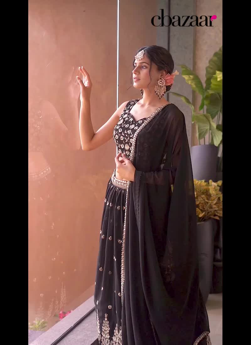 Black Faux Georgette Zari Embroidered Sequins Gorgeous Lehenga Wedding Wear