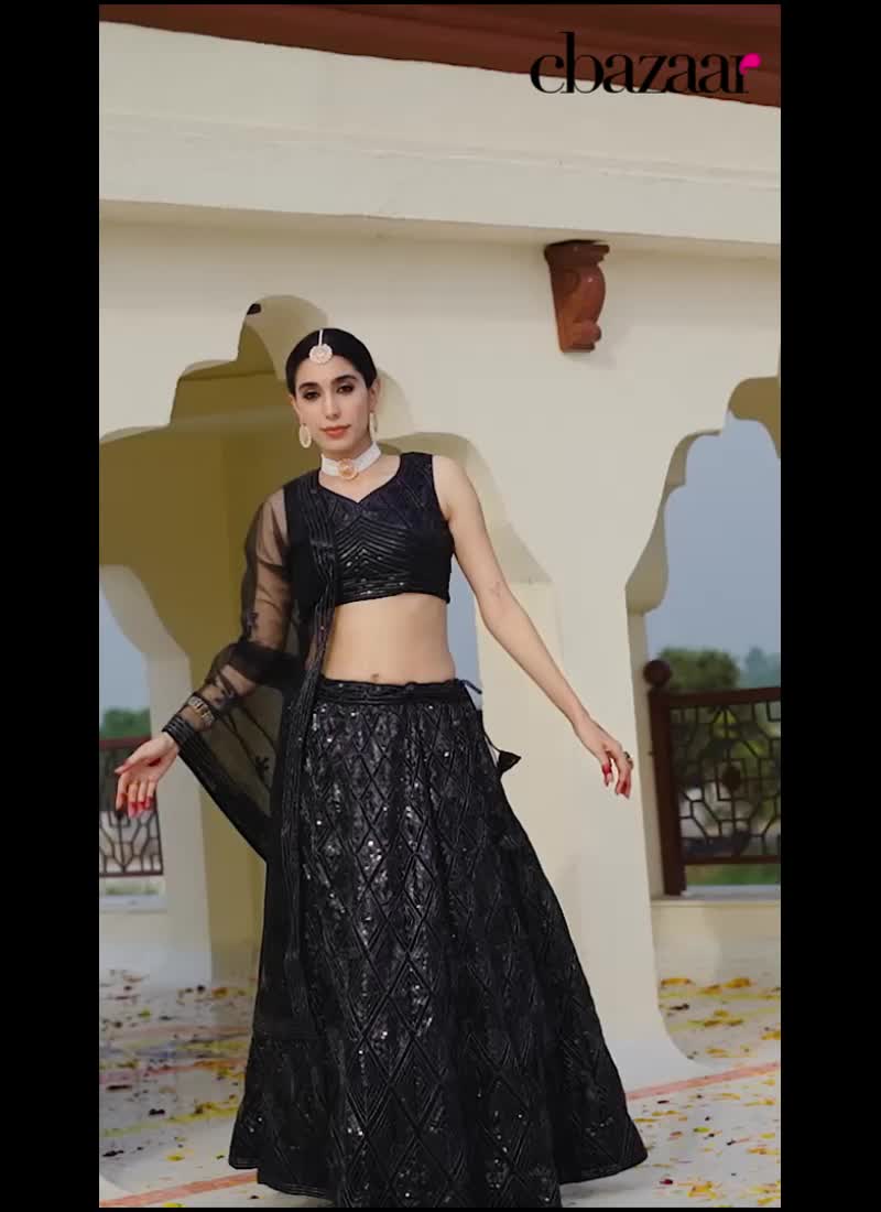 Black Faux Georgette Zari Sequins Glamours Lehenga Wedding Wear
