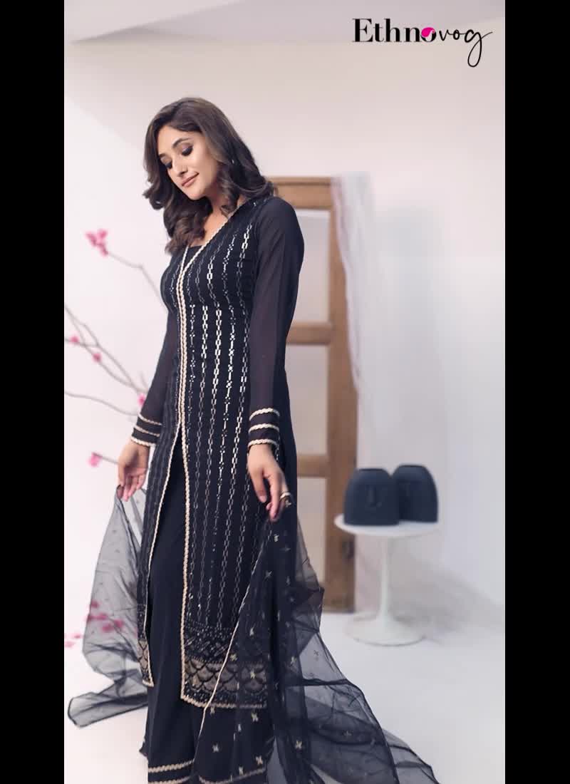 Black Georgette Embroidered Straight Suit N Palazzo Festive Wear