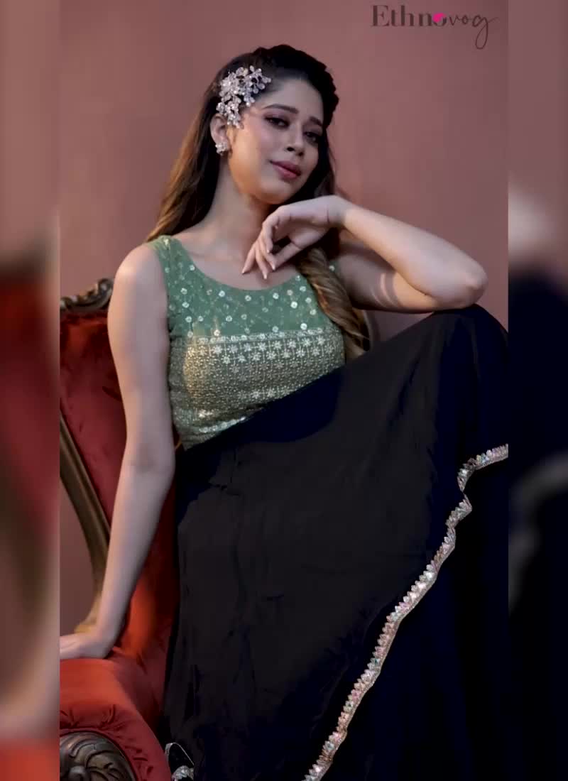 Black N Green Embroidered Layered Gown Festive Wear