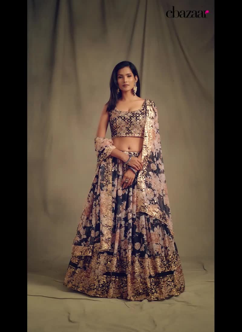 Black Organza Floral Digital Print Umbrella Lehenga Party Wear