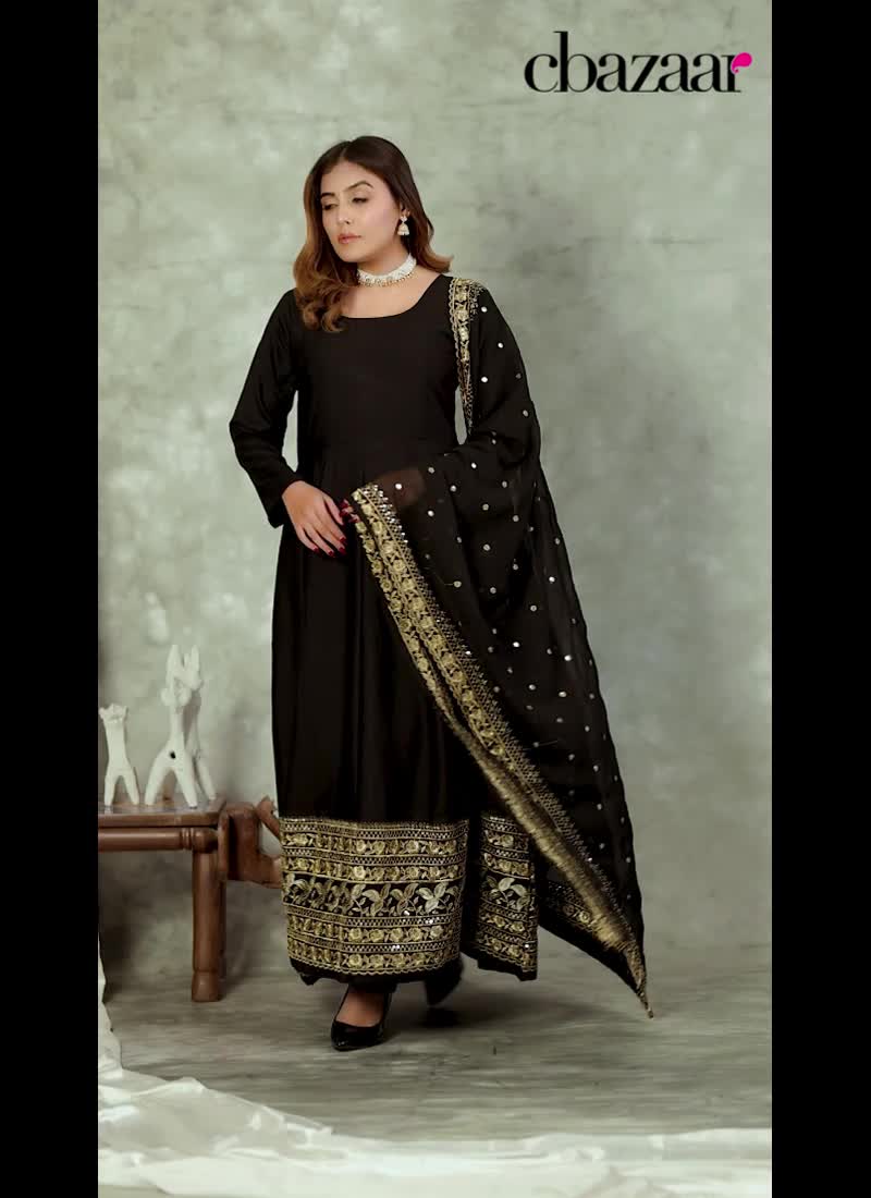 Black Rayon Zari Embroidered Sequins Anarkali Suit Festive Wear