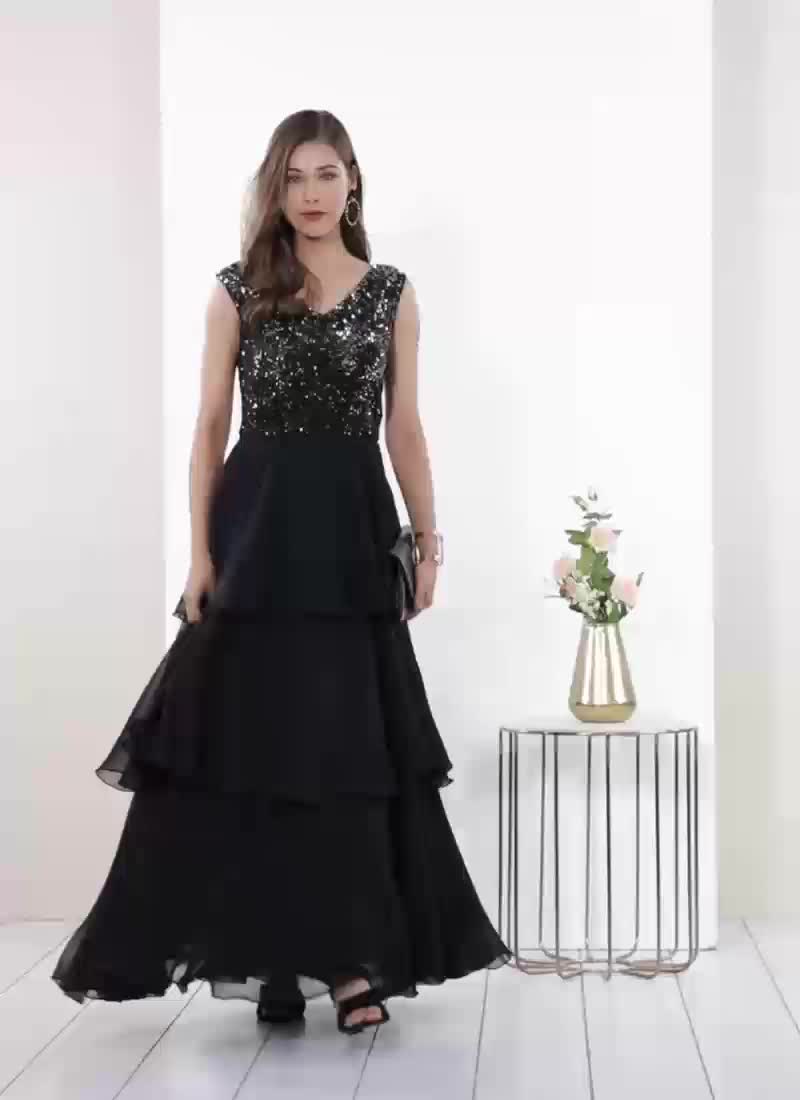 Black Sequins Embroidered V Neck Gown Party Wear