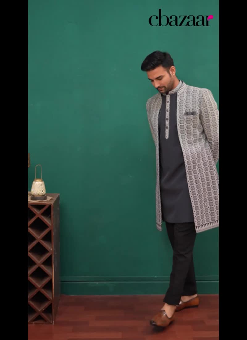 Black Silk Embroidered Sequins Indowestern Sherwani Wedding Wear