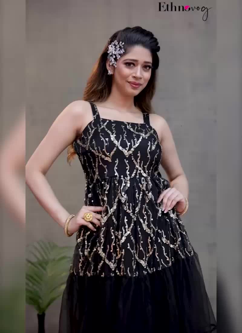 Black Tiered Gathers Embroidered Gown Party Wear