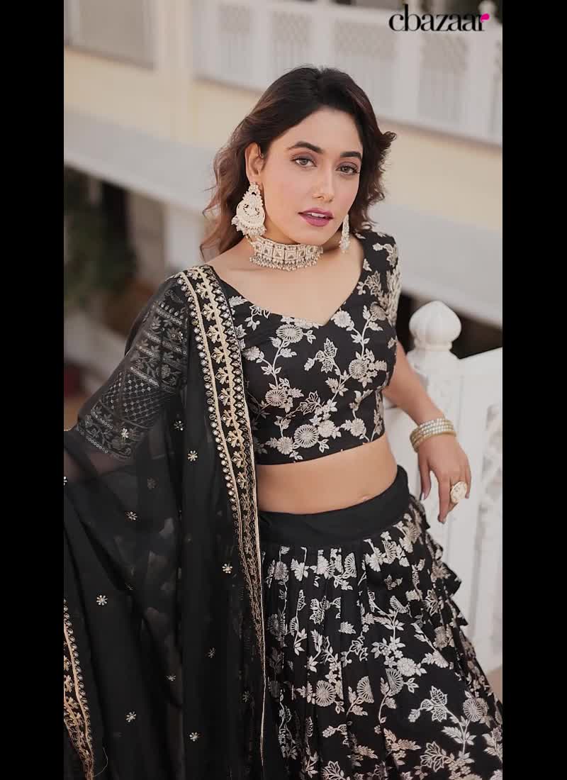 Black Viscose Embroidered Umbrella Lehenga Party Wear
