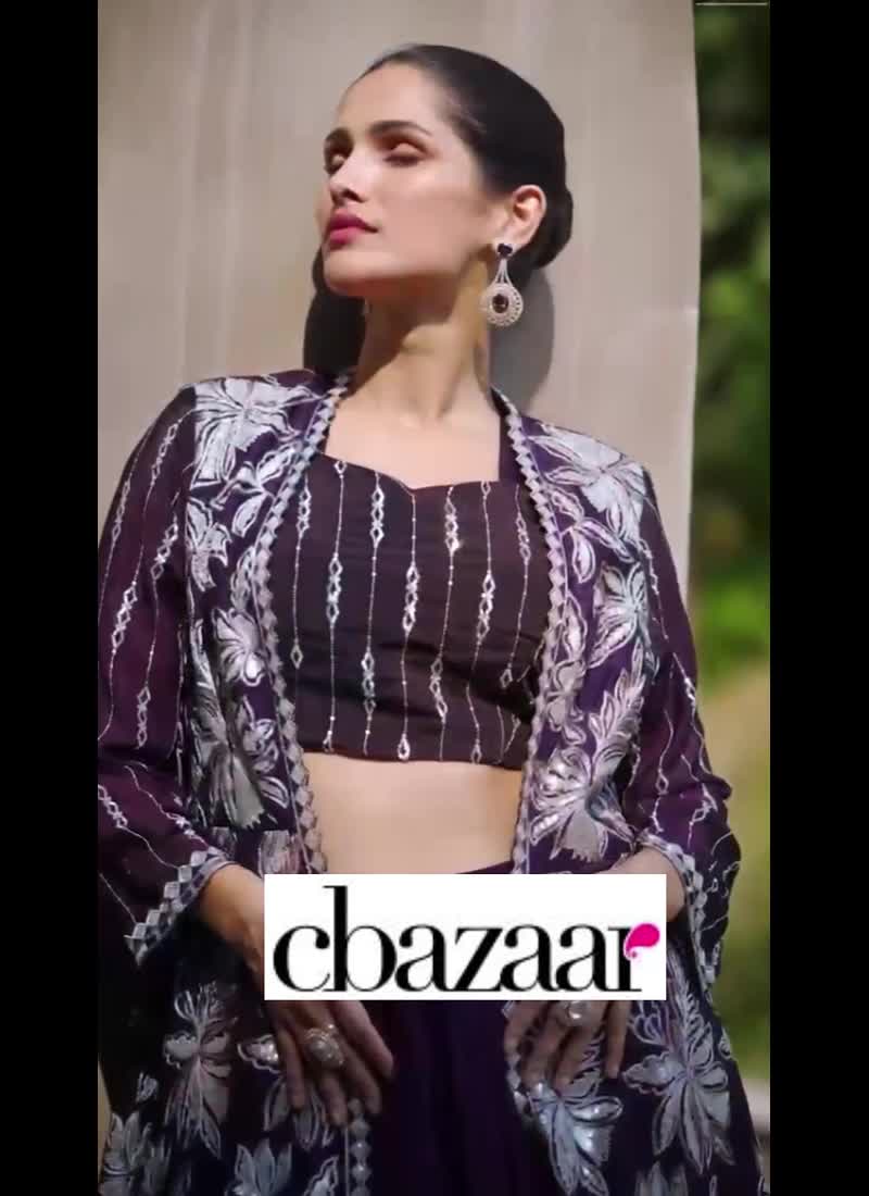 Blue Chinon Embroidered Indowestern Sets And Suits Party Wear