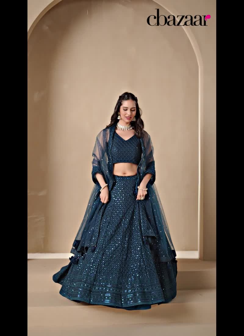Blue Faux Georgette Embroidered Sequins Lehenga Wedding Wear