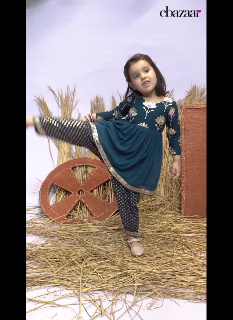 Blue Faux Georgette Zari Embroidered Kids Girls Stylish Straight Pant Set Festive Wear