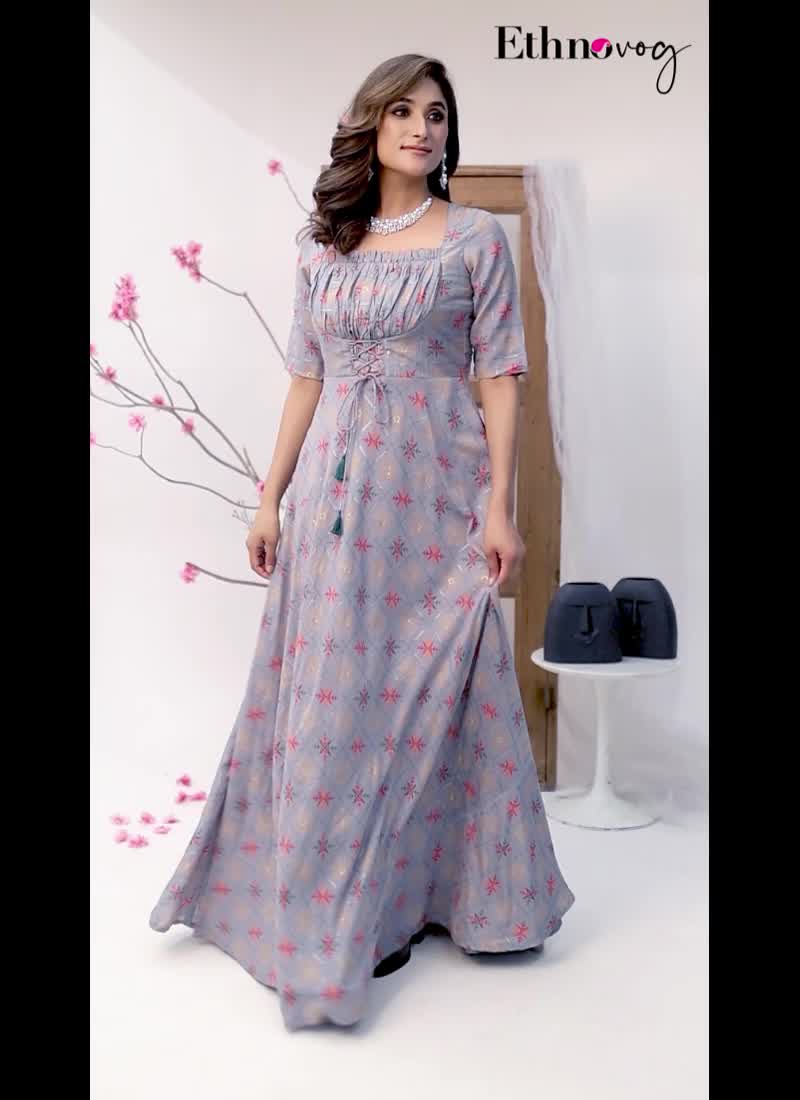 Blue Foil Print Floor Length Gown Festive Wear