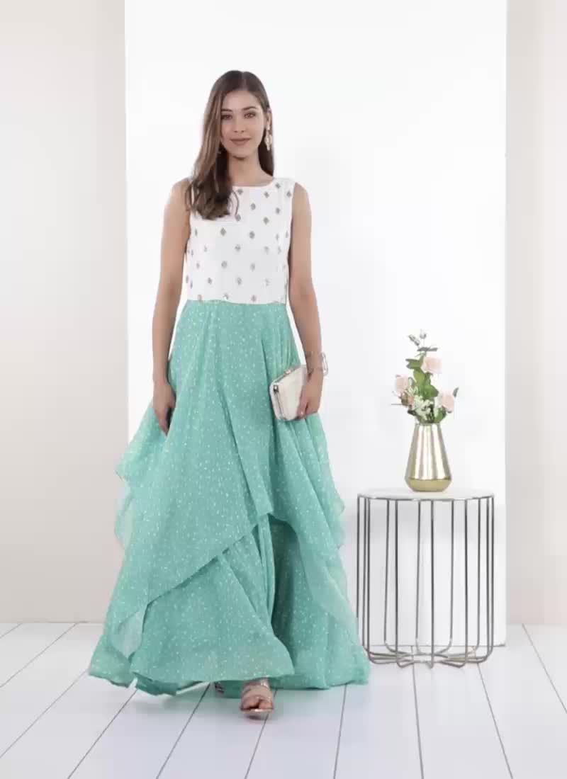 Blue N White Georgette Handkerchief Style Gown Festive Wear