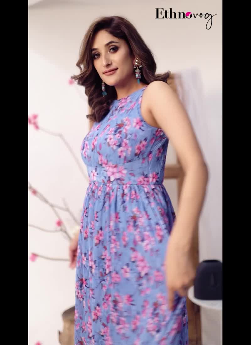 Blue Printed Georgette Pleated Dress After Six Wear