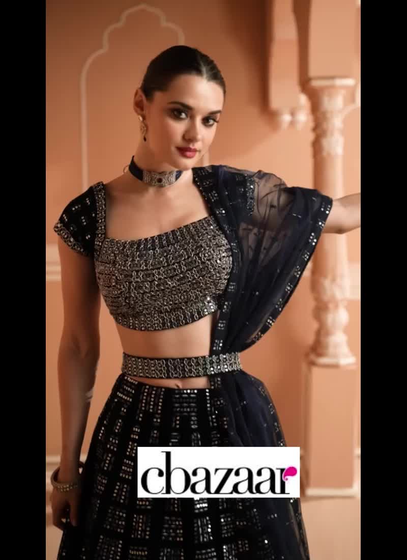 Blue Velvet Embroidered And Sequins Umbrella Lehenga Party Wear