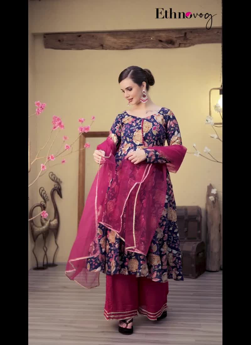 Blue Viscose Printed N Pink Chinon Anarkali Suit Festive Wear