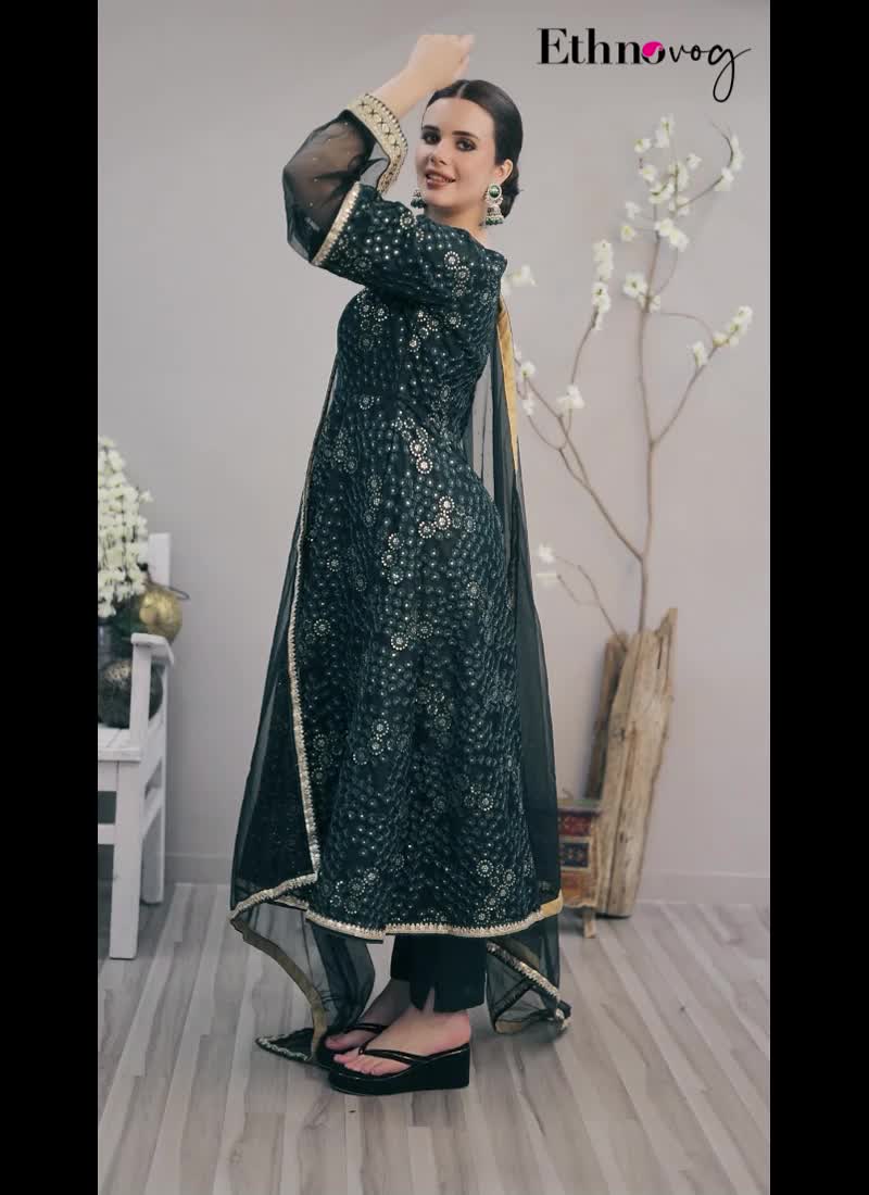 Bottel Green Net Embroidered Anarkali Suit Festive Wear