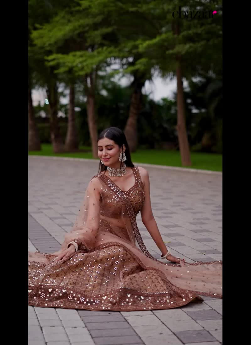 Brown Net Thread Embroidered Sequins Umbrella Lehenga For Gorgeous Women Wedding Wear