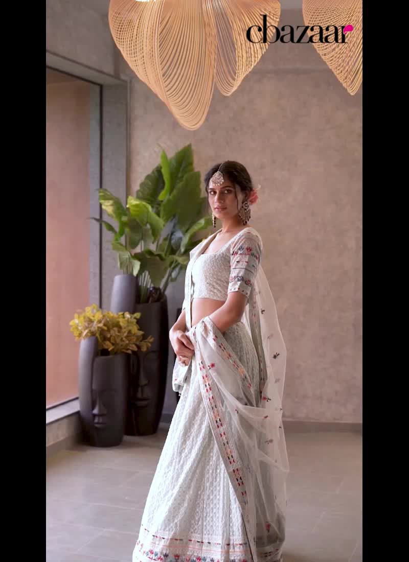 Charming Light Blue Faux Georgette Zari Embroidered Sequins Lehenga Wedding Wear