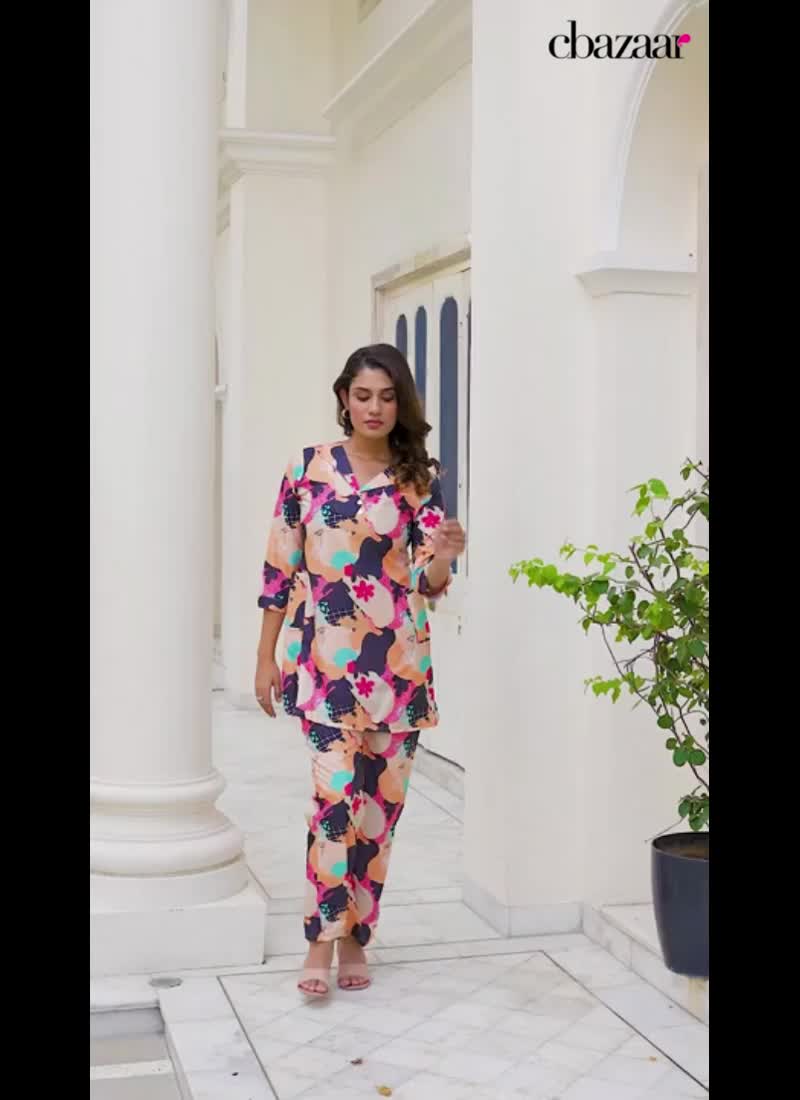 Chic Beige Muslin Cotton Digital Print Indowestern Co ord Set After Six Wear