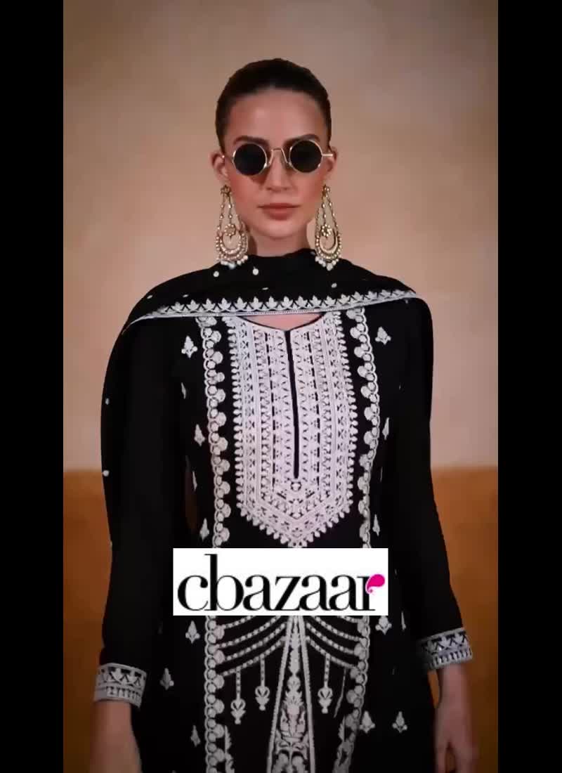 Chic Black Chinon Embroidered Pakistani Palazzo Suit Festive Wear