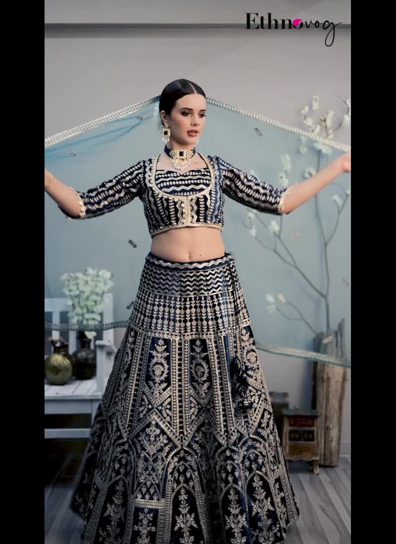 Chic Blouse Look With Teal Blue Velvet Lehenga Wedding Wear