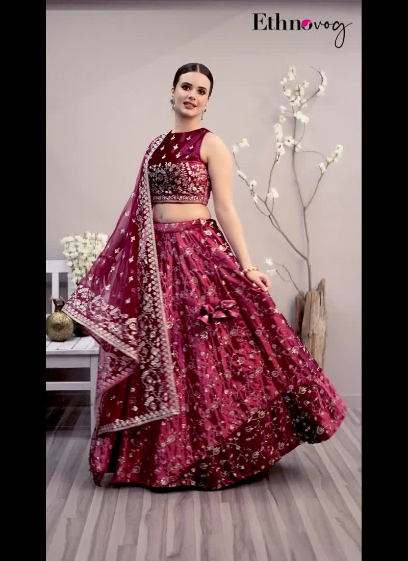 Chic Blouse With Pink Velvet Embroidered Lehenga Wedding Wear