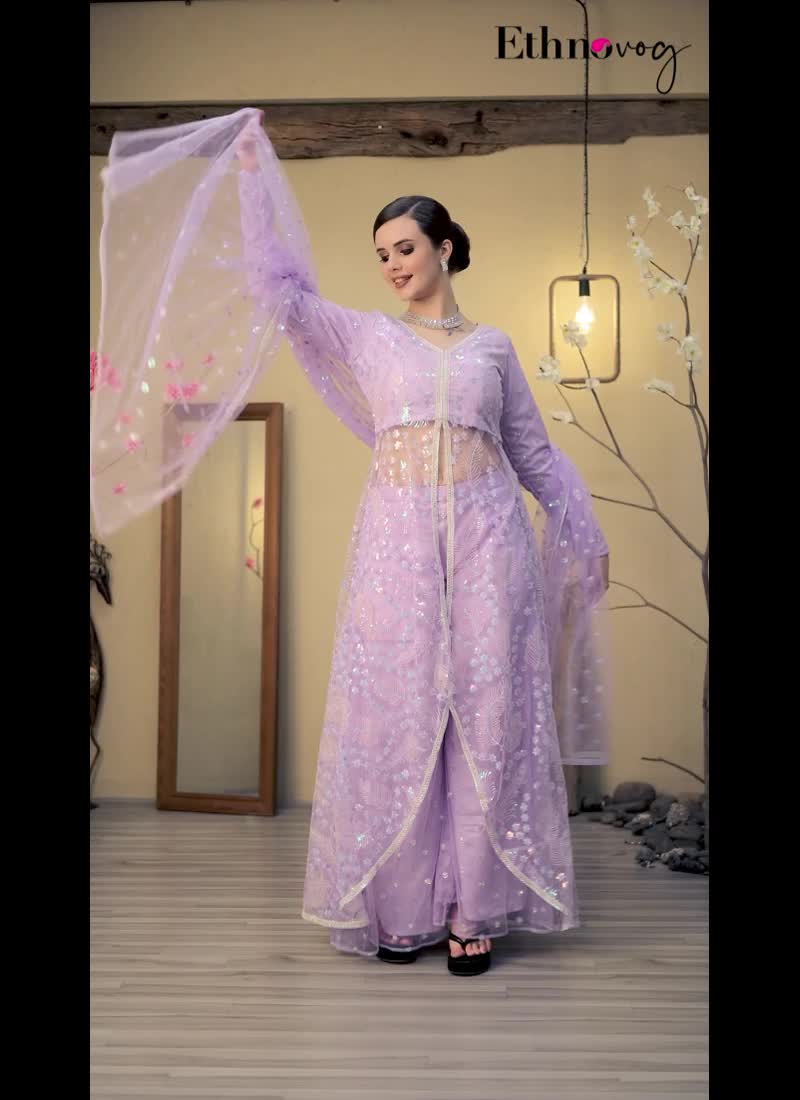 Chic Top With Net Embroidered Anarkali Palazzo Suit Wedding Wear